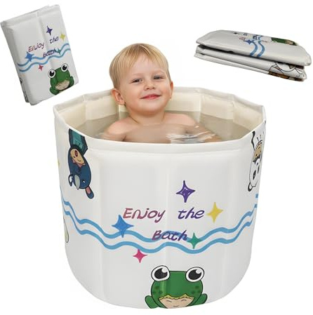 WAVYEASE Nuevo Diseño de Bañera Portátil para Niños Pequeños - Bañera Plegable de Remojo Profundo para Bebés, Instalación en 1 Segundo, Almacenamiento Fácil, Ligera, Esencial para Viajes (1-5 Años)