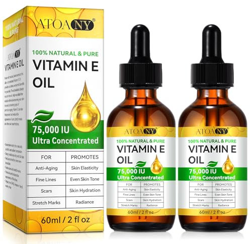 Aceite de Vitamina E 75000 UI - Puro y Natural para Piel, Cabello, Cicatrices y Cuero Cabelludo | Hidratante Facial y Corporal (2 Packs 2 x 60 ML)