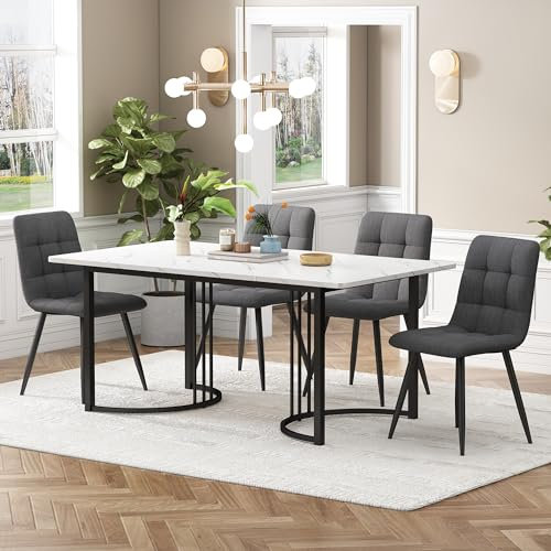 Gegtuon Esstisch mit 4 Stühlen für 4 Personen 140x80 cm, 5 teilig Tisch Rechteckig für Küche, Modern Küchentisch mit Schwarz Tischbeine, Essgruppe für Esszimmer Wohnzimmer, Leinen, Dunkelgrau