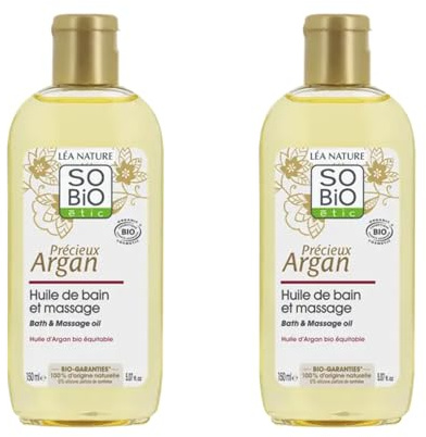 SO'BiO étic | Huile de Bain & Massage - Précieux Argan | Nourrit – Apaise | Corps | Huile d'argan Bio Equitable | Vegan | 100% d’origine naturelle | Made in France | 2x150 ml