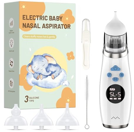 Nasensauger Baby, Nasensauger Baby Elektrisch für Babys mit 3 weichen Silikonspitzen, 5 Saugstufen, Nasensauger Baby Staubsauger integrierte Musik und beruhigendes Licht, LCD-Display