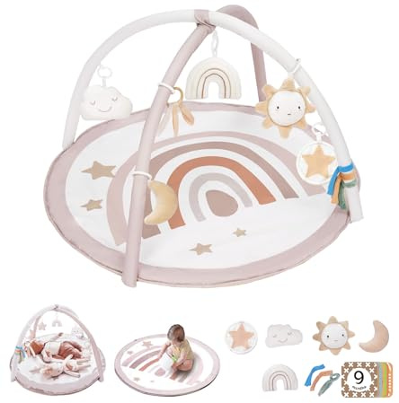 Mallify Spielbogen Baby Mädchen, Krabbeldecke für Baby mit 7 abnehmbaren sensorischen Spielzeugen und 12 Meilensteinkarten, Spieldecke baby ab Geburt, Baby Gym 0-6 Monate, Rainbow