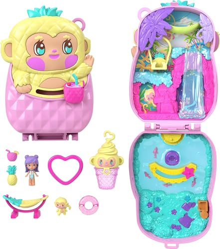 Polly Pocket Estuche Mono de piña, Conjunto de Juego con muñeca, Juguete de Viaje con minimuñeca, una Mascota, una Hamaca y Accesorios temáticos de Frutas, JKC49