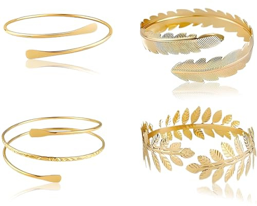 louuuou 4 Pcs Gold Arm Cuffs Set, Upper Arm Bracelet For Women Coil Gold Cuff Bracelet Jewelry Open Armlets Armband Feather Bangles Set Girls Minimalist Style Fashion Jewelry