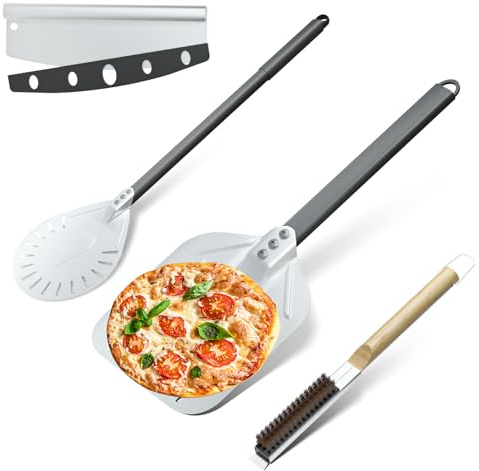 Lot de 4 accessoires de four à pizza perforés de 30,5 cm, pelle à pizza de 22,9 cm avec long manche antidérapant, pelle à pizza avec roulette à pizza et brosse de four, pour pain, tarte