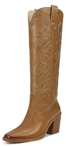 ISNOM Brown Knee High Cowboy Boots for Women With High Heeled Chunky Pointed Toe Western Cowgirl Tall Womens Cowboy Boots Long Country Western Cowgirl Boot for Music Festival Themed Party Size 8.5