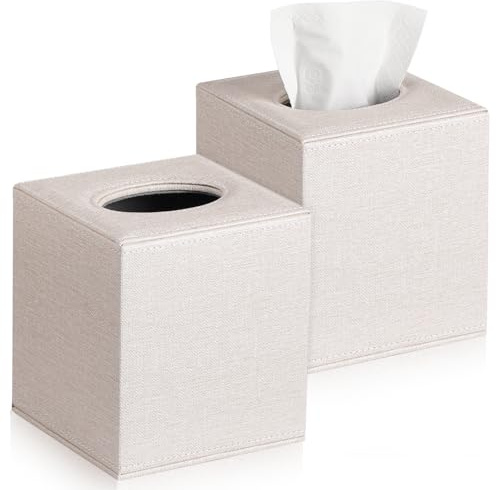 VZZNN 2 Pack Square Linen Tissue Box Cover - Modern Cube Tissue Holder with Magnetic Base, Decorative Tissue Organizer for Bathroom Vanity, Dresser, Countertop, Bedroom, Office, and Car, Beige