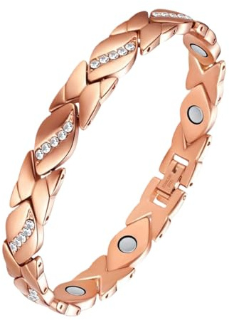 Xinlon Bracelet Magnétique Femme, Cuivre pour Femmes Bracelets, Braceletes Magnétique en Cuivre, Braceletes Aimanté en Cuivred Massif, Bracelet en Cuivres Femmes avec Cristaux de Bracelet (Or Rose)