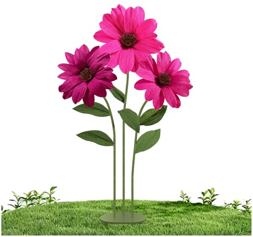 Mverse Flor gigante con base de hierro resistente, tallos de tubo de aluminio, flores artificiales grandes de papel para decoración de bodas al aire libre, fiestas, decoración del hogar (rojo rosa)