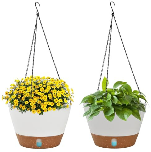 Mapille Juego 2 Maceteros Colgantes 25cm, Macetas Auto-Riego con Drenaje y Bandeja Removible, Cadena 43cm, para Interior, Balcón, Jardín y Terraza
