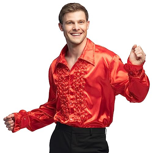 Boland - Chemise disco à volants, rouge, pour homme, costume, chemise de soirée, années 70, fête à thème, carnaval