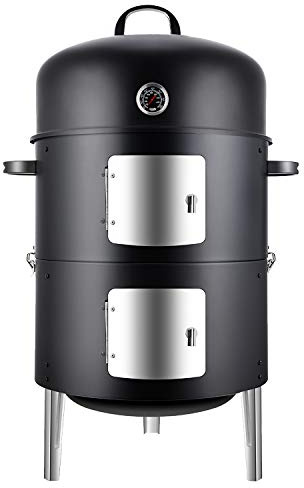 Realcook Vertical 17 Inch Steel Charcoal Smoker, Heavy Duty Round BBQ Grill for Outdoor Cooking, Black