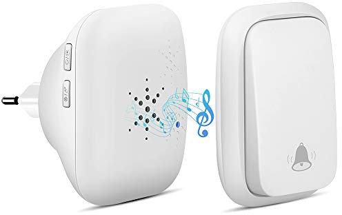Sonnette sans Fil, PDGROW Sonnette Auto Alimentée sans Batterie Requise Carillon de Porte sans Fil, Bouton Poussoir étanche à 150m de Portée avec 38 Carillons, Volume à 4 Niveaux et LED - Blanc