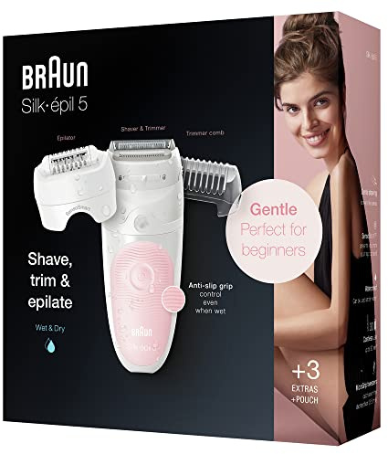 Braun Silk-épil 5 Epilator, Hair Removal, 3 In 1, Includes Shaver & Trimmer Head, Cordless, Gentle Hair Removal Setting, Wet & Dry, 100% Waterproof, UK 2 Pin Plug, 5-620, White/Pink