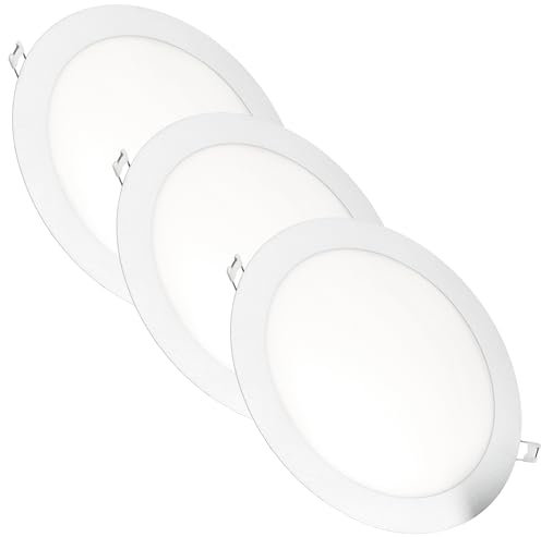 JANDEI – Confezione da 3 faretti LED da incasso rotondi, 18W, 1500 lumen, extrapiatti 13 mm, foro di montaggio Ø200-205 mm, bianco freddo 6000K con trasformatori inclusi
