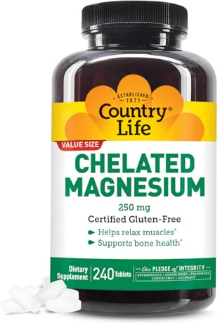 Country Life, Chelated Magnesium 250mg, Supports Bone and Immune Health, Daily Supplement, 240 ct