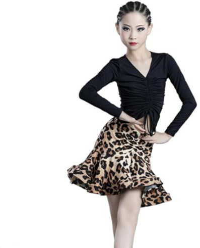 OTMYIGO Ragazza Abiti per Bambini per Ragazze Manica Lunga Abito da Ballo Latino Diviso Concorso Festa Palcoscenico Performance Pratica Costumi,Leopard Print,150