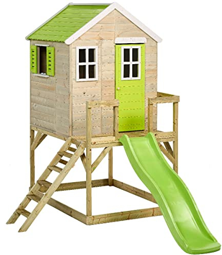 Kangui Maisonnette TINNI – Bois Extérieur avec Plateforme et Toboggan 175 cm – Cabane Jardin – Toit Étanche – Vert & Blanc