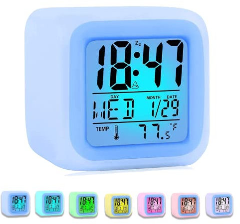 WanderGo Sveglia digitale per bambini, sveglia per bambini, facile da leggere con interruttore della luce in 7 colori, snooze, temperatura, calendario, camera da letto, ufficio (bianco)