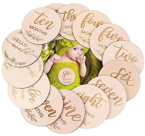 SacJkt Baby Meilensteinkarten, Meilensteinkarten Baby Holz, 12 Stück Schöne Doppelseitig Gravierte Runde Meilensteine aus Holz, tolles Geschenk zur Geburt und Babypartys