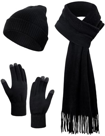 Kiiwah 3 In 1 Invernale Cappello, Sciarpa, Guanti Touch Screen Set per Uomo e Donna, Classico Semplice Nero, Termici Berretto, Elasticità Guanti, Morbido Cachemire Sciarpa con Frange Set per Outdoor