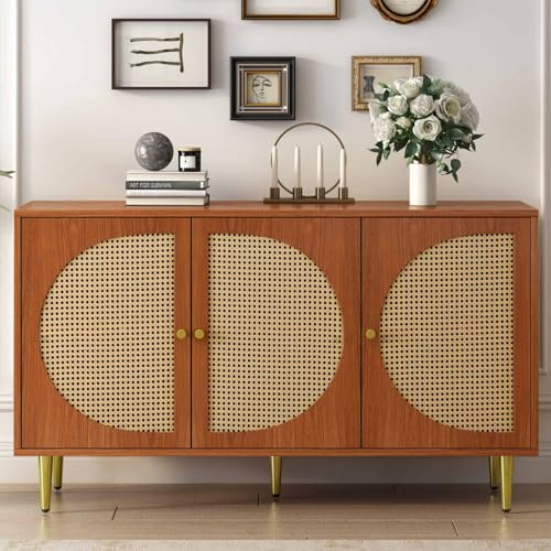 KOMHTOM Buffet en rotin, meuble multi-usage, armoire de rangement avec TROIS portes et cloisons amovibles, placard de stockage pour salon, chambre (Noyer)