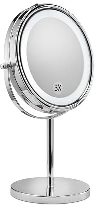 Croydex Chrome Freestanding Pedestal Bathroom Mirror, Illuminated Makeup Mirror with Lights, Double-Sided Magnifying x3, Sleek Design, 1x True View, Illuminated Edge, No Fittings Required
