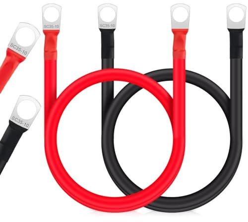 JULIK Lot de 2 Câbles de Batterie de Voiture 25MM² 100CM 12V 3AWG Câble de Démarrage avec Bornes à Anneau M10 Câble de Connexion en Cuivre pour Voiture, Moto, Voiture, Camion Solaire
