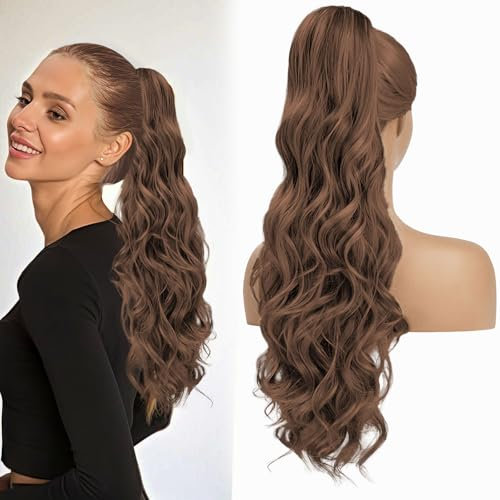 GWAWG Extensions de queue de cheval - Avec peigne - Élastique - Postiche volumineuse et douce - Bouclé pour femme - Postiches pour cheveux fins - 60 cm (marron clair)