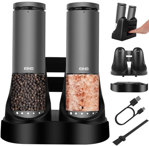 EIHO Electric Salt and Pepper Grinder Set USB Rechargeable, Upgraded External Adjustable Coarseness, Aluminum Alloy Automatic Salt and Pepper Shakers Mills with LED Light, House Warming Cooking Gifts