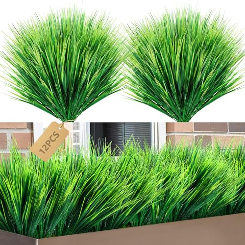 TYSM-CC Set Premium de 12 Plantas Artificiales para Exterior, Arbustos Verdes y Hierba de Trigo Falsos, Decoración Realista y Duradera para Jardín, Macetas y Jardineras, Ideal Todo Clima