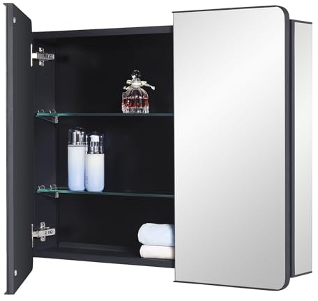 IDYLLOR Black Bathroom Mirror Medicine Cabinet with Round Corner Framed Door 30 x 25.6 inch, Recessed or Surface Mount, with Adjustable Glass Shelves