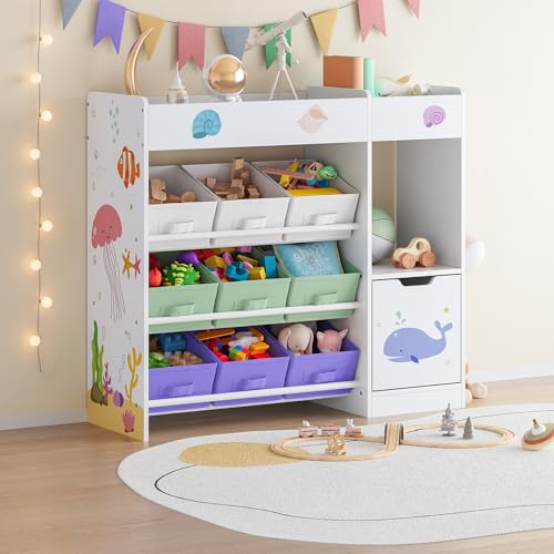 [en.casa] Scaffale per Cameretta con 9 Scatole Pieghevoli Porta Giocattoli con Scomparti e Piano Superiore Mobile Contenitore a Misura di Bimbi Design Aqua Dream - Verde Chiaro/Viola