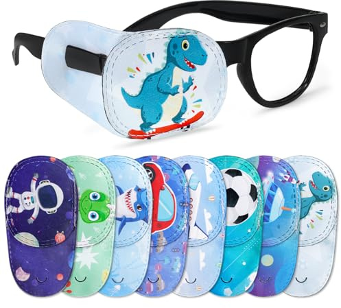 Hifot 8 Pieces Eye Patches for Kids Boys,Cartoon Dinosaur Car Eye Patch for Lazy Eye Amblyopia Strabismus Reusable Glasses Over the Lens Eyepatch for Lazy Eye Amblyopia Strabismus Toddler Children