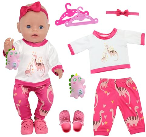 7 Pcs Baby Doll Clothes for 14-18 Inch Doll, Sweet Dinosaur Baby Doll Accessories for 35-43 cm Newborn Baby Doll, Dolls Clothes with Top1 Pants 1 Slippers 2 Hanger 1 Dinosaur Doll 1 Headband