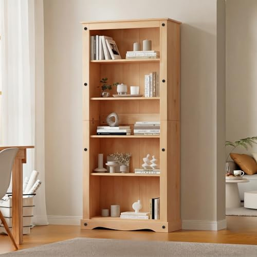 Panana Corona Bookcase Tall Large 5 Book Shelves Mexican Pine Solid Wood Living Room