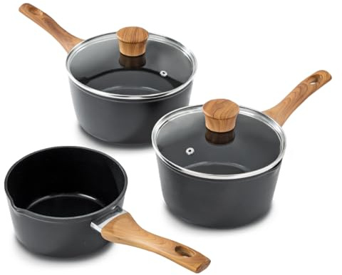 Blackmoor Sherwood Classic 68289 Lot de 3 casseroles avec revêtement en céramique anti-adhésive avec couvercles en verre trempé et poignées effet bois Sans PFAS Compatible avec tous les types de