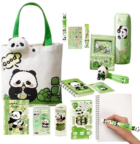 Panda pennlåda – bärbar canvasväska med klistermärken, nyckelhängare, kapacitet fodral | studenter pojkar flickor skola ryggsäck organisation resa påse skrivbord prydligt klassrum