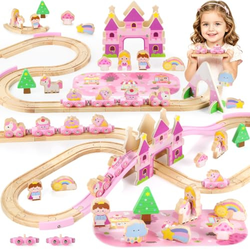 GAGAKU Tren de madera para niña de 41 piezas - Juego de ferrocarril de madera magnético con unicornio y castillo, juguete de tren rosa a partir de 3 4 5 años, pequeñas soñadoras