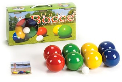 Boccia-Spiel mit lackierten Holzkugeln | Boule-Set aus 8 Kugeln, Zielkugel und Tragebox | Gewicht pro Holz-Kugel: 283 g, ø 80 mm | In 4 Farben lackiert