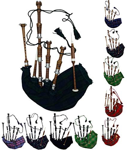 AAR Schottischer Highland-Dudelsack mit silberfarbenen Halterungen, schwarzes Gehäuse und Kordel, natürliches Finish aus Palisander, mit Anleitung (evtl. nicht in deutscher Sprache)