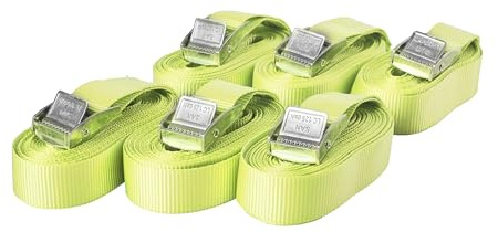 Lot de 6 Sangles d'arrimage avec Boucle, Ceinture à Blocage par Serrage, Sangles de Fixation Charge Max. 250 kg, Selon DIN en 12195-2, Longueur 3m Largeur 25mm, en Une pièce, Jaune Fluo