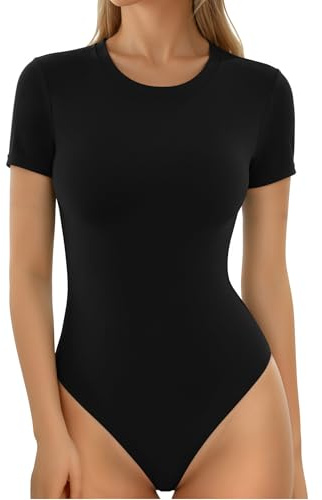 MANGOPOP Women's Crew Neck Short Sleeve Bodysuit Basic T Shirts Body Suit Casual Slim Fitted Going Out Tops(Black, Medium)
