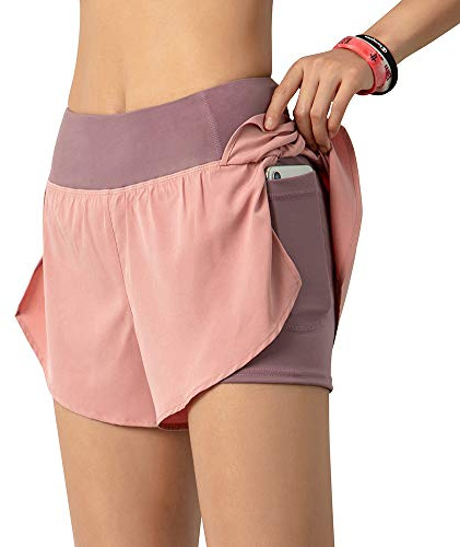 Lixada Mujeres Pantalones Cortos para Correr 2 en 1 con Bolsillo Cintura Ancha Capa de Cobertura Forro de Compresión Descansando Deporte Yoga Leggings Fitness Entrenamiento Athletic Gym