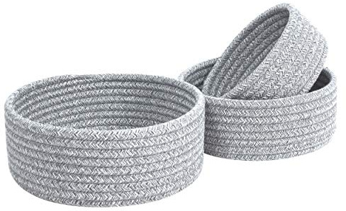 MINTWOOD Design Set of 3 Cotton Rope Nesting Bowls, Small Catch All Basket, Cute Closet Baskets and Bins for Shelves, Mini Table Basket Organizer for Small Accessories, Light Gray Mix