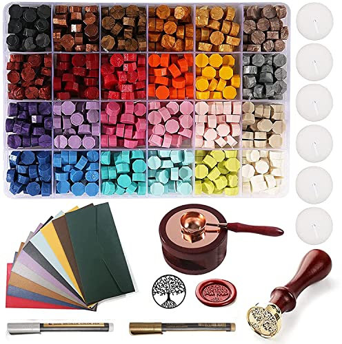 MeYuxg 635 Stück 24 Farben Siegelwachs Set, Bunt Achteckige Siegelwachsperlen Siegel Set mit Lebensbaum Muster Siegel, Stempel Wachssiegel Perlen Set für Briefen, Einladungskarte, Karten, Geschenkbox