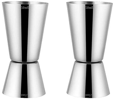Delgeo Misurino Doppio per Cocktail in Acciaio Inossidabile, Bilancia Incorporata, Misurino per Bevande Barista Professionale,confezione da 2(Argento,25 x 50ml)
