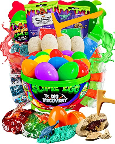 Original Stationery Slime Kit Dinosaur Egg Excavation - 4 Cracking Dino Eggs & 15 Plastic Shells - Glow-in-The-Dark Dig Set
