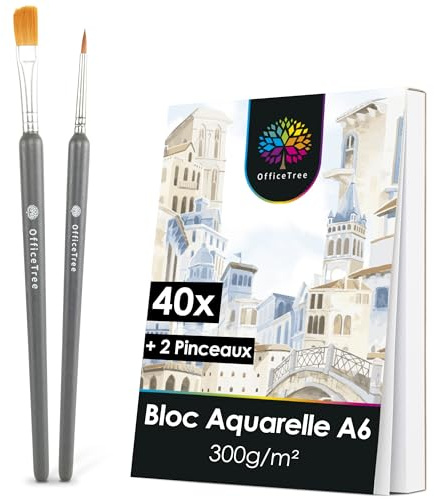 OfficeTree 40x Carta Acquerello A6 300g con 2x Pennelli - Carta per Acquerelli un Lato Liscio e uno Ruvido - Watercolor Paper - Carta per Acquerello - Album per Acquerelli - Blocco Acquerello