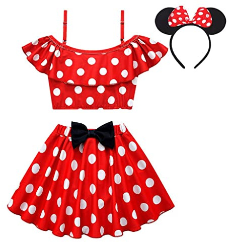 Lito Angels Toddler Girls Mini Mouse 2 Pieces Tankini Swimwear Swimsuit Swim Skirt Bathing Suits with Ears Headband Size 4T, Red
